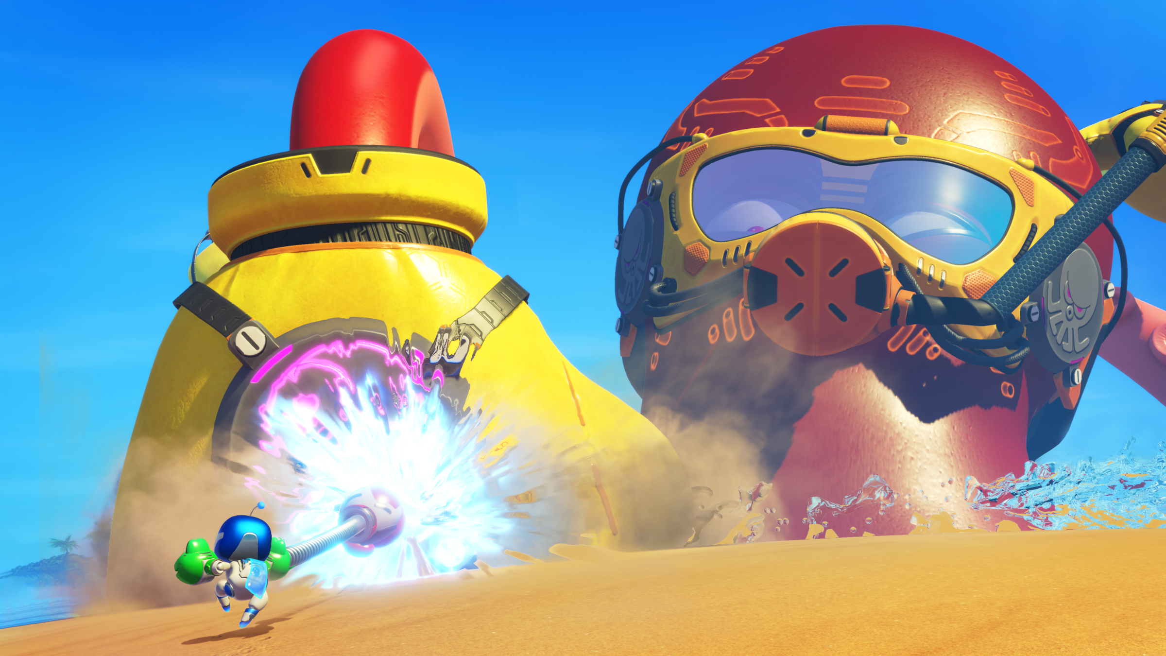 Astro Bot punches a giant octopus with a springy boxing glove