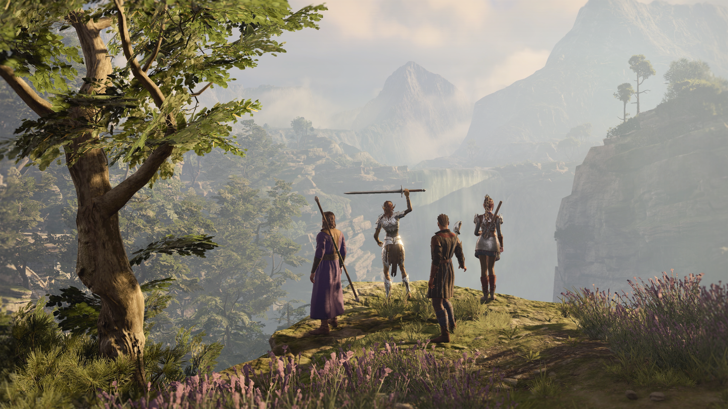 A party of four overlooking a cliff in Baldur’s Gate 3.