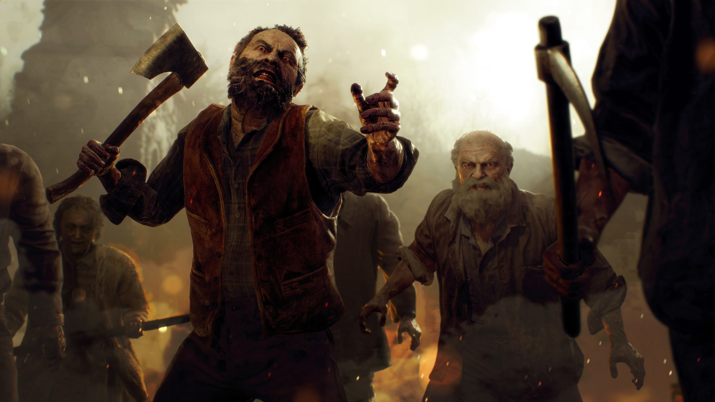 Ganados villagers with axes in hand walk menacingly toward the camera in artwork from the Resident Evil 4 remake