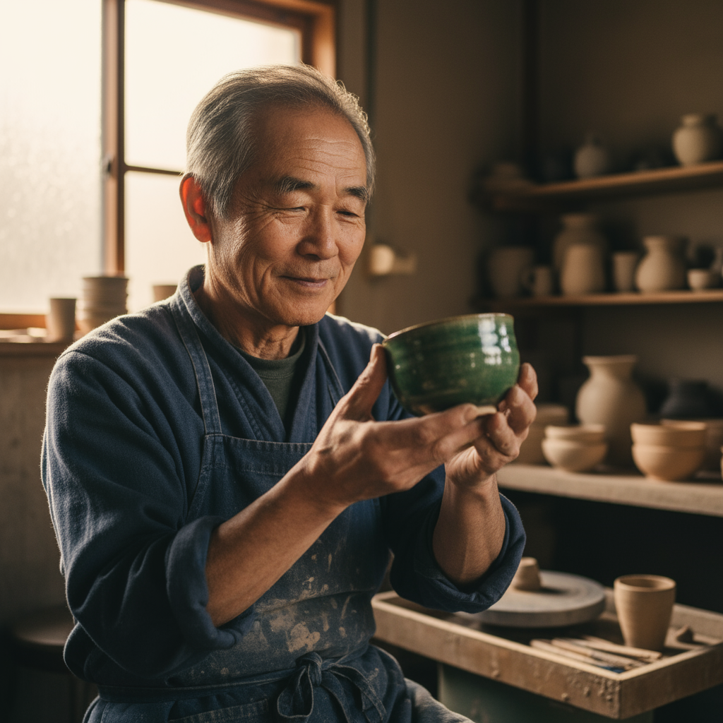 photorealistic close-up portrait of an elderly Japanese ceramicist
