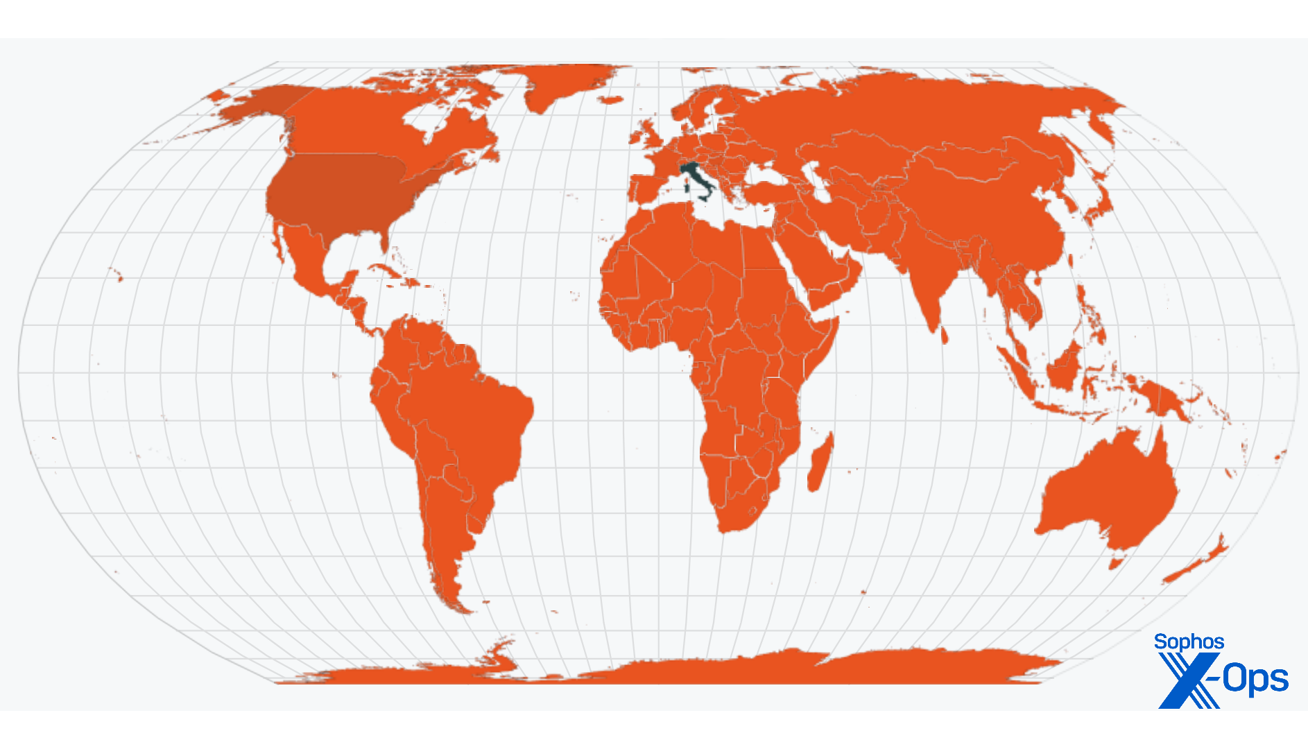 A map of the world showing where URL accesses originated for the attack described above; most came from Italy